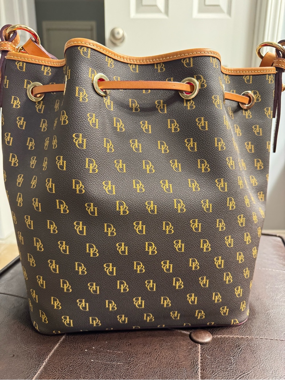 Dooney & Bourke Monogram Gretta Drawstring bag with Tan Trim and Red Lining - Picture 6 of 10